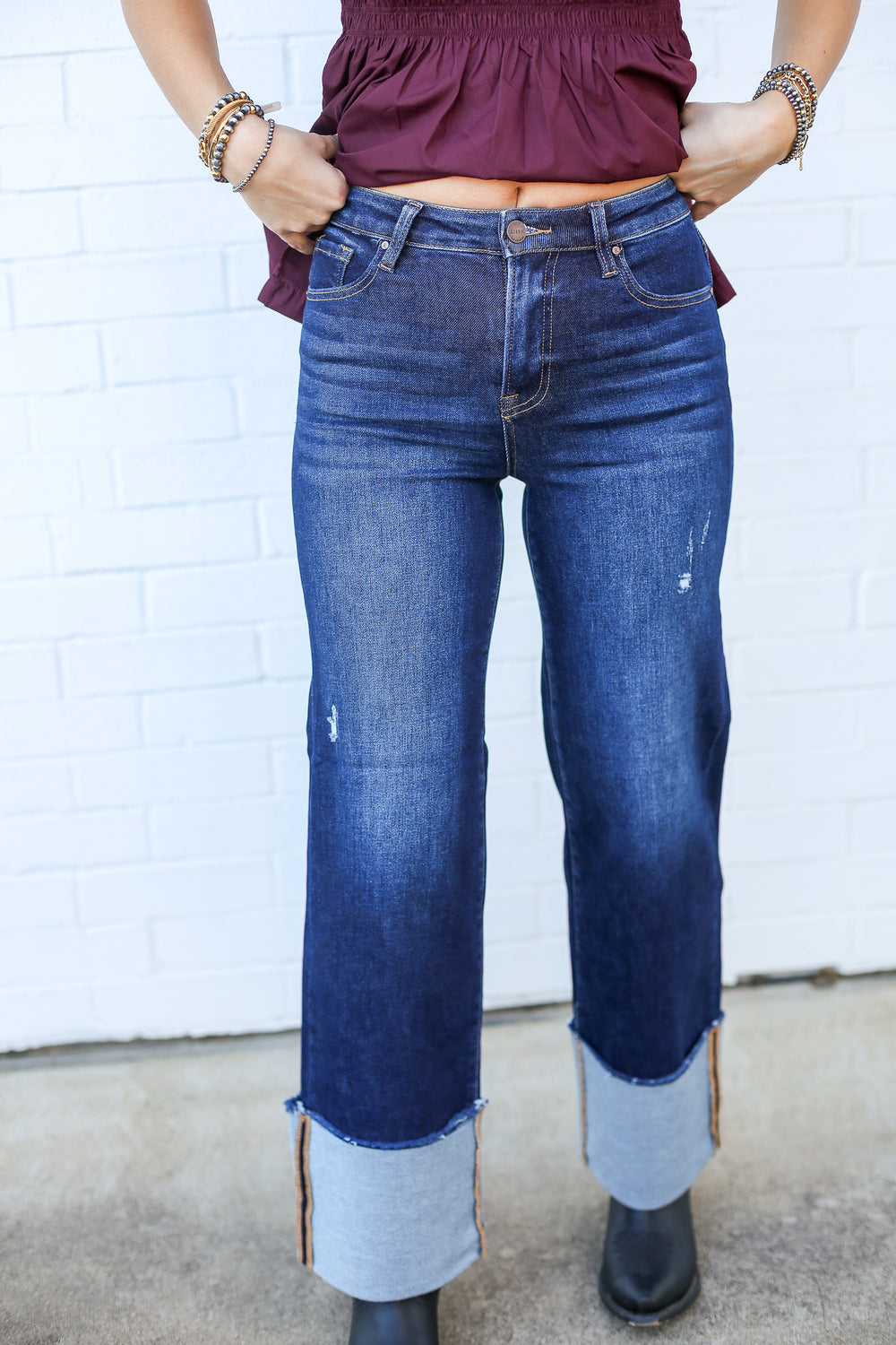 High Rise Deep Blue Wide Cuffed Jeans