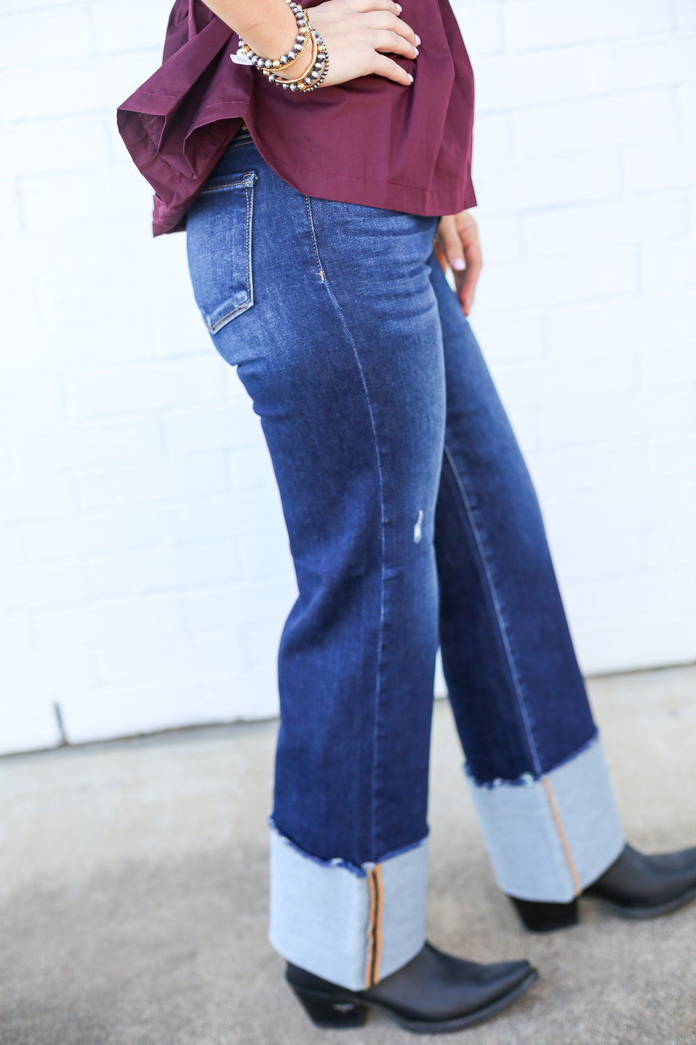 High Rise Deep Blue Wide Cuffed Jeans