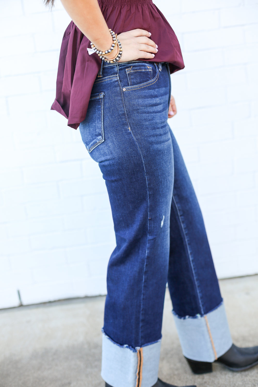 High Rise Deep Blue Wide Cuffed Jeans