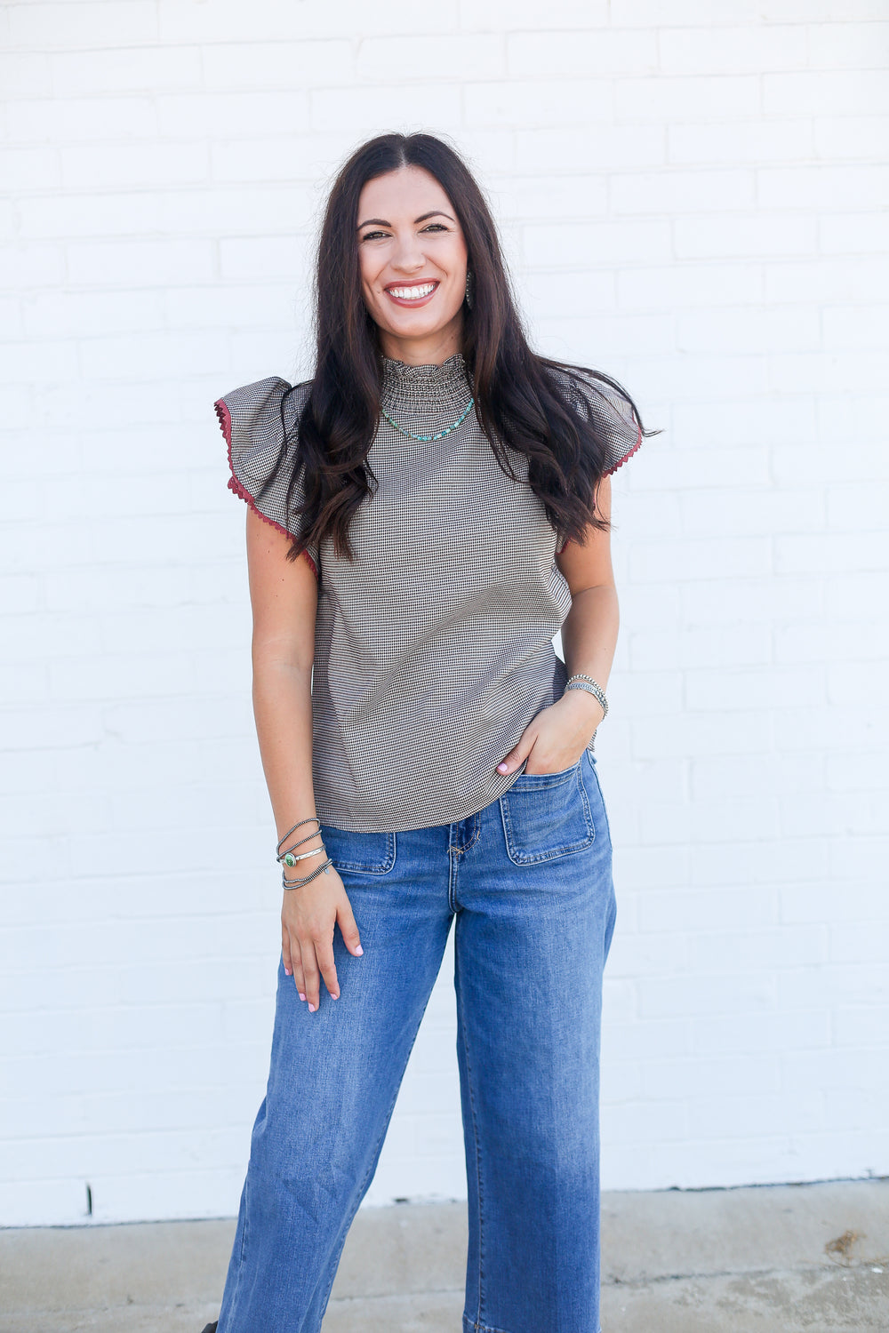 Houndstooth Ruffle Sleeved Top