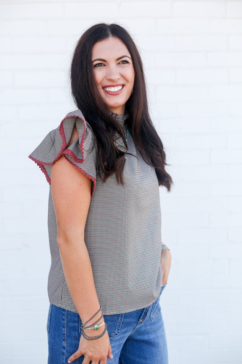 Houndstooth Ruffle Sleeved Top
