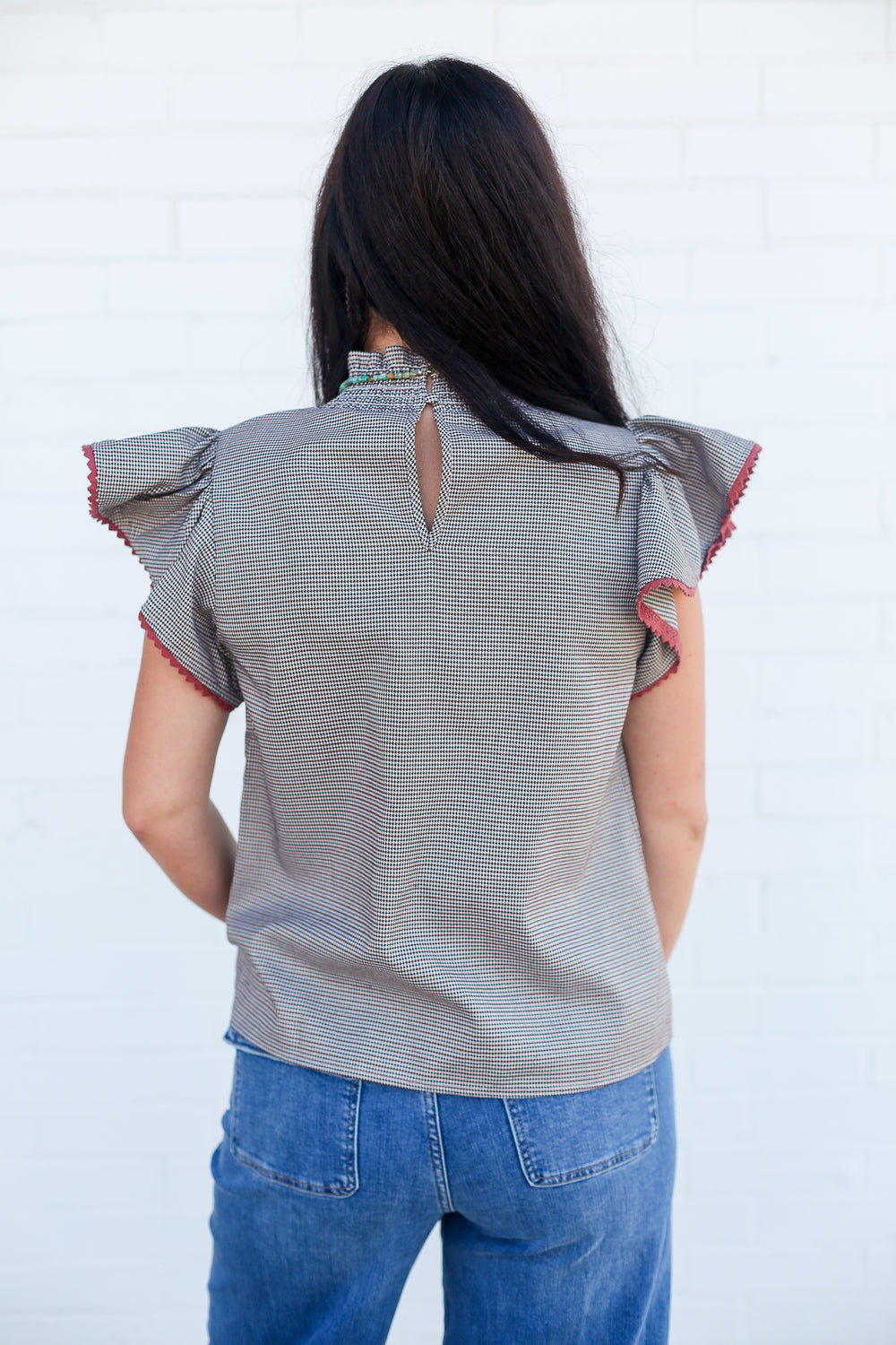 Houndstooth Ruffle Sleeved Top