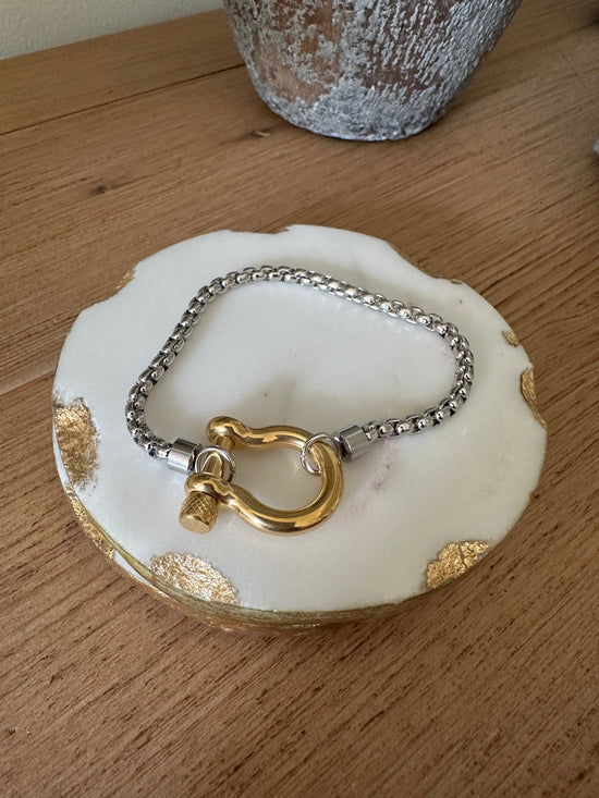 Chunky Box Chain Horsebit Closure Silver & Gold Bracelet