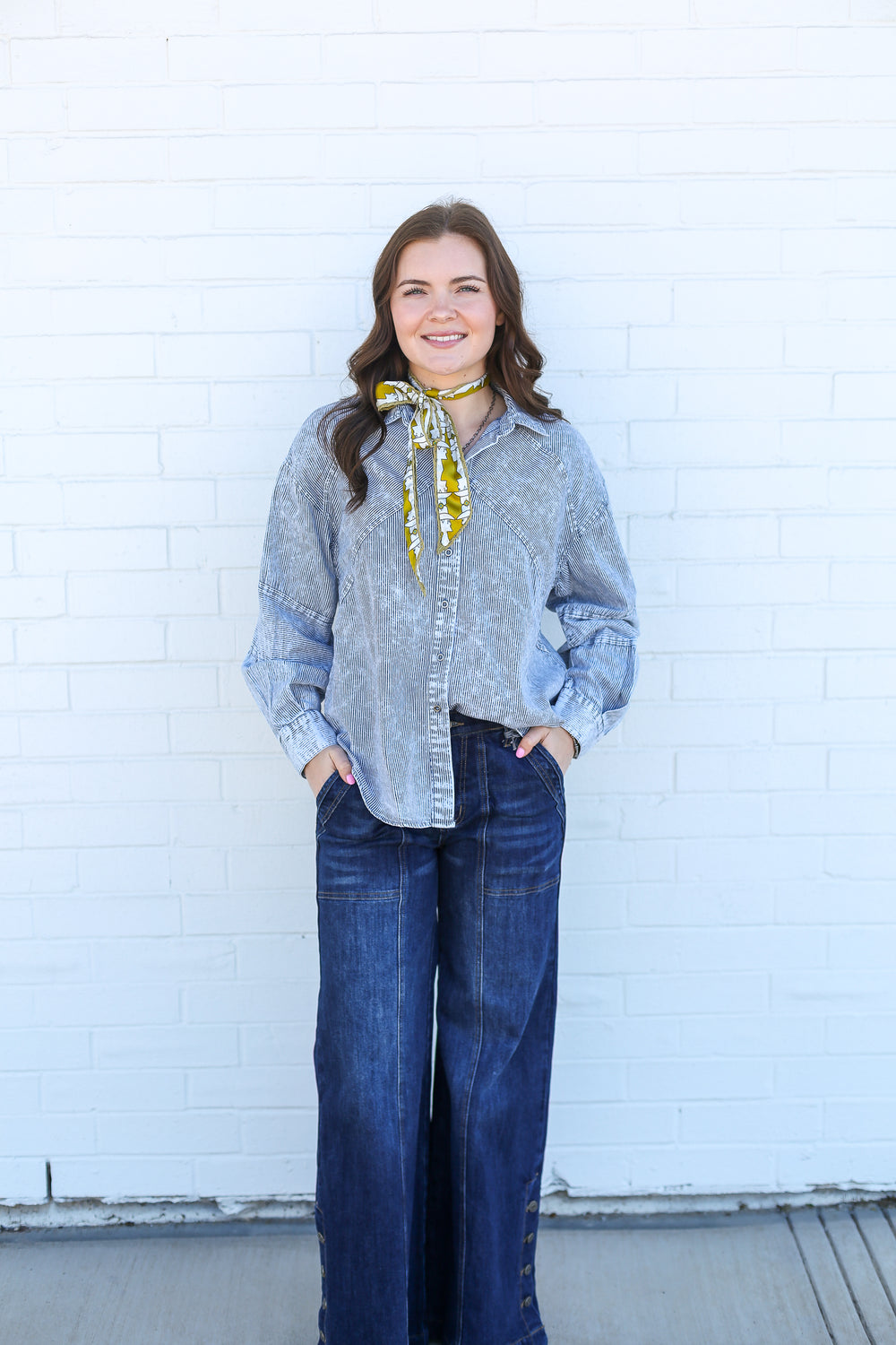 Indigo Mineral Washed Button Down Blouse