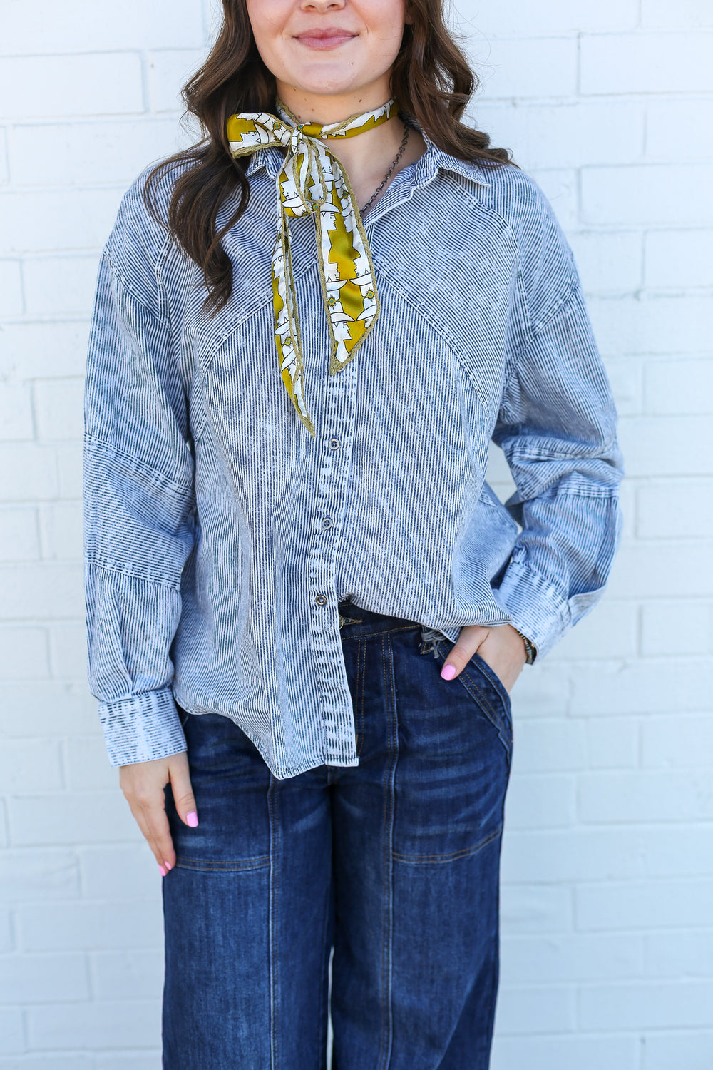 Indigo Mineral Washed Button Down Blouse