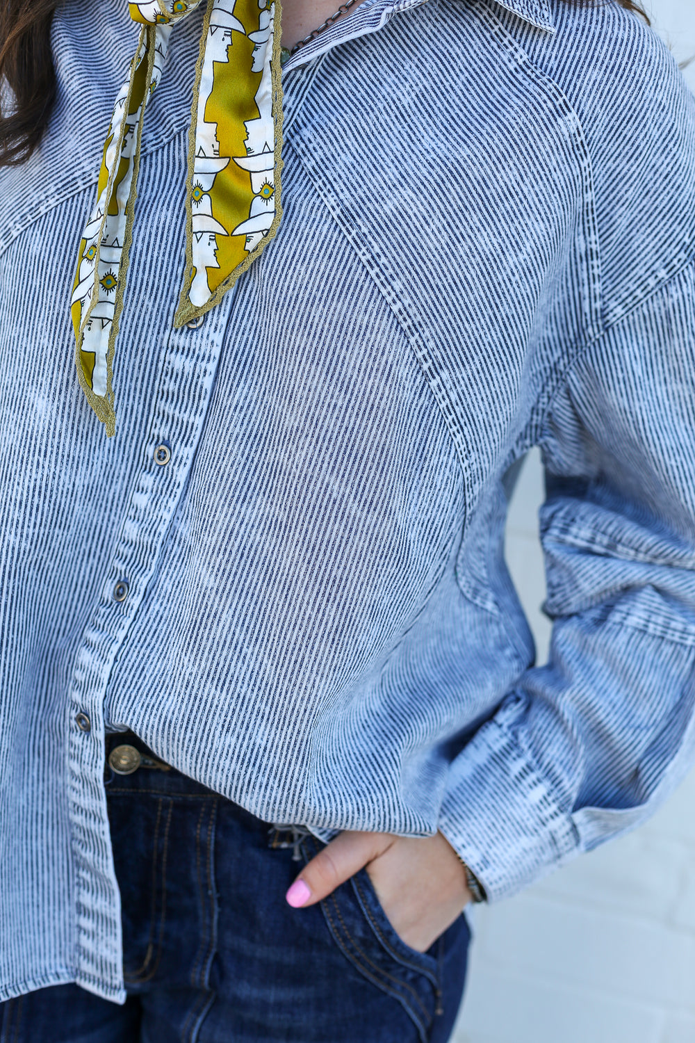 Indigo Mineral Washed Button Down Blouse