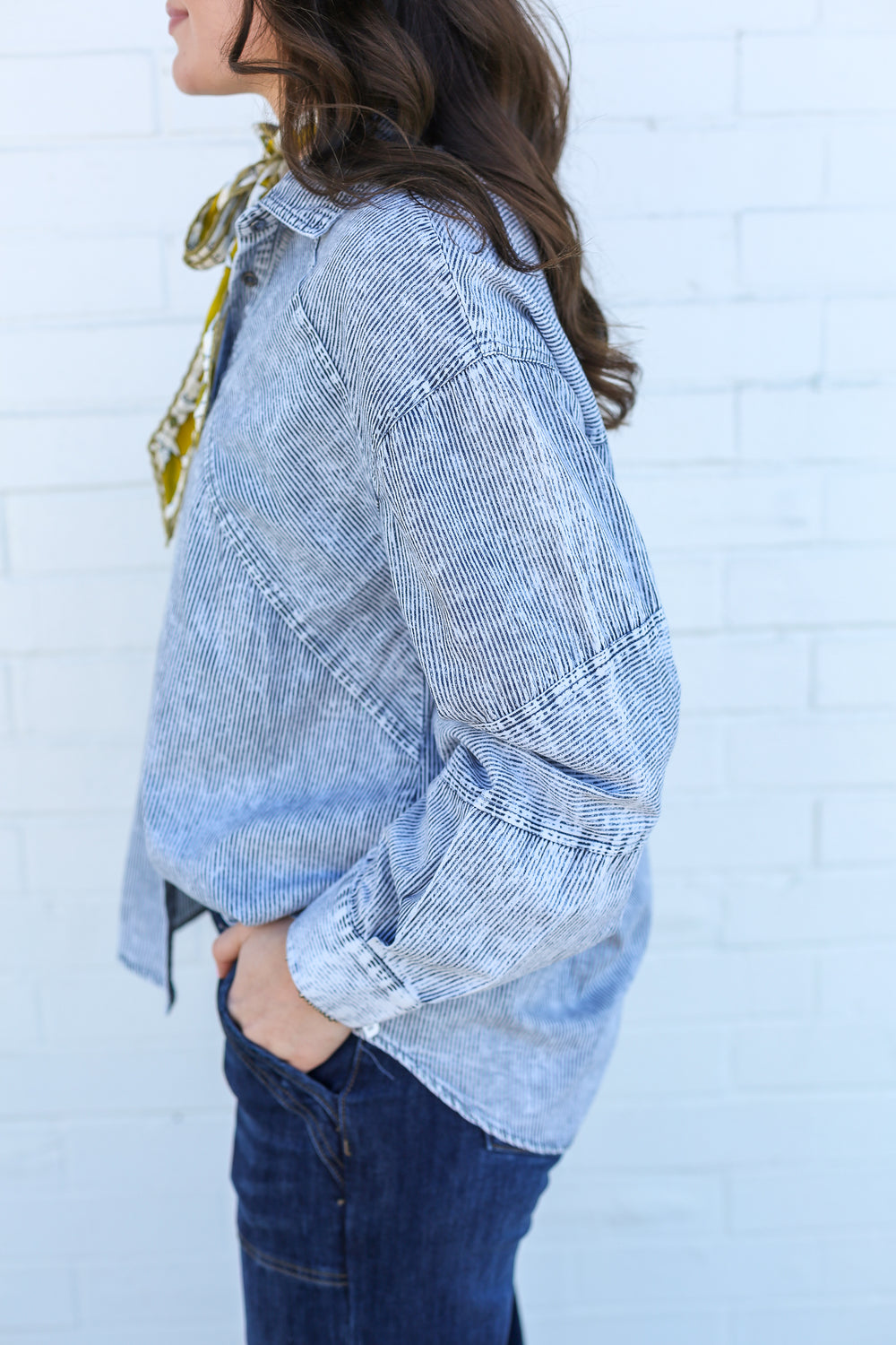 Indigo Mineral Washed Button Down Blouse