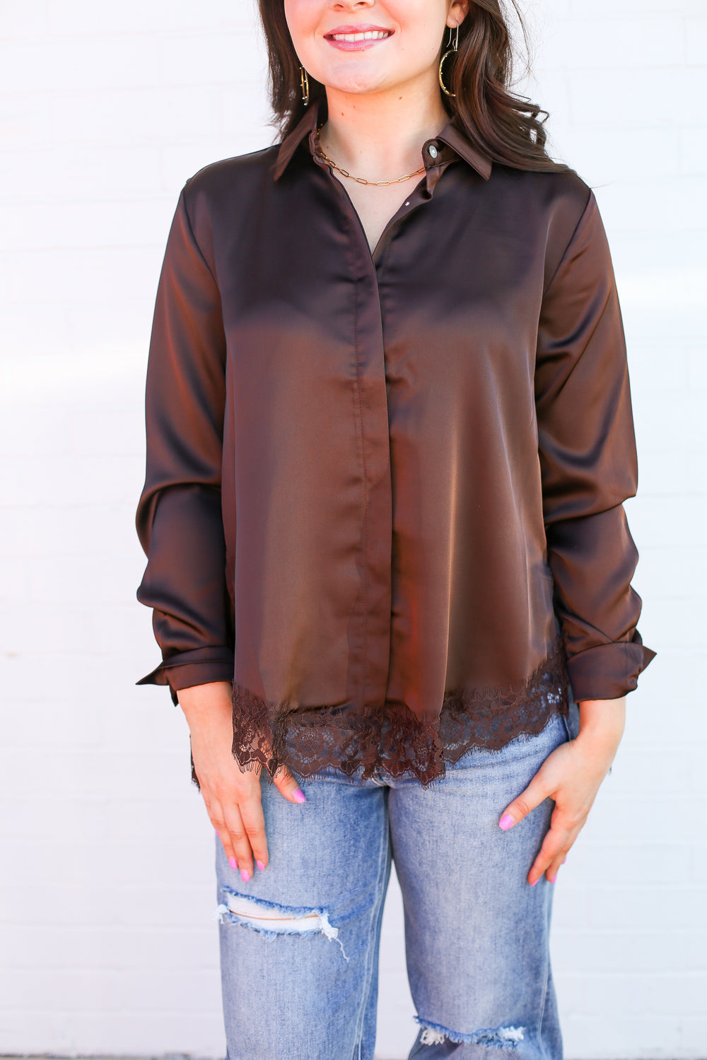 Brown Lacey Satin Button Down Blouse