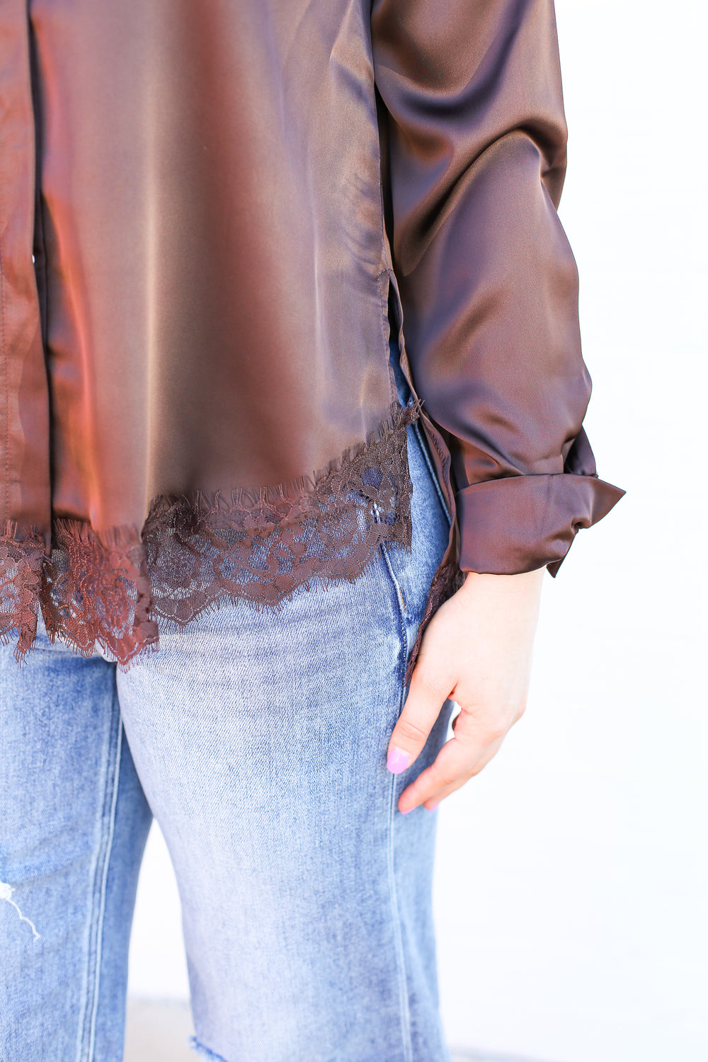 Brown Lacey Satin Button Down Blouse