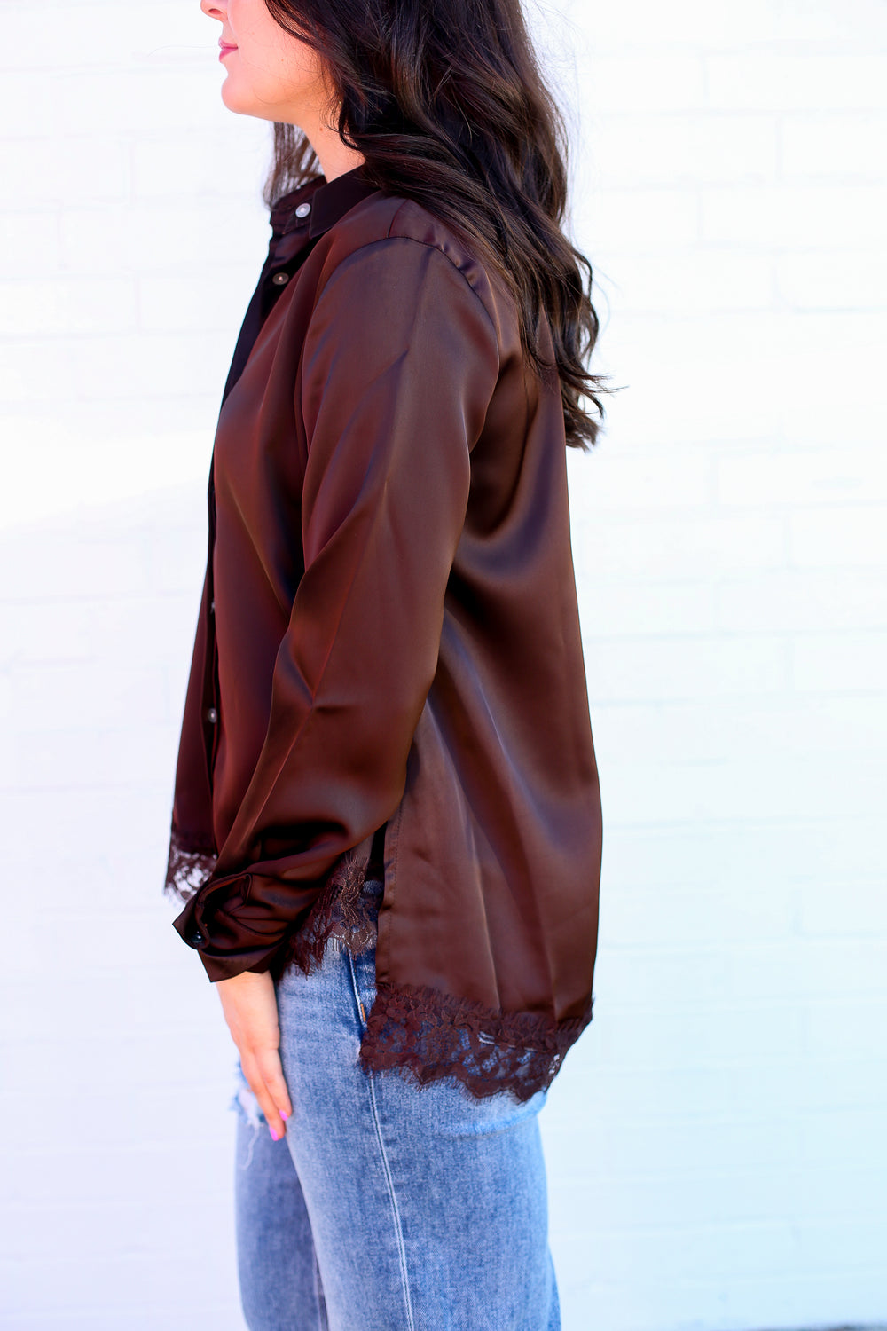 Brown Lacey Satin Button Down Blouse