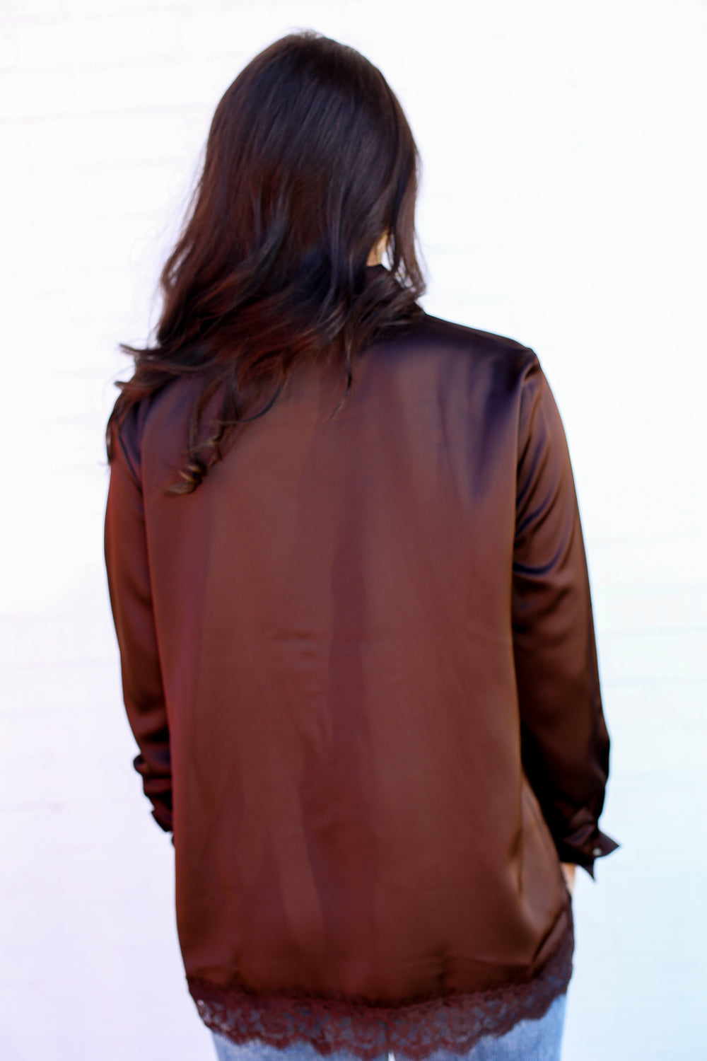 Brown Lacey Satin Button Down Blouse
