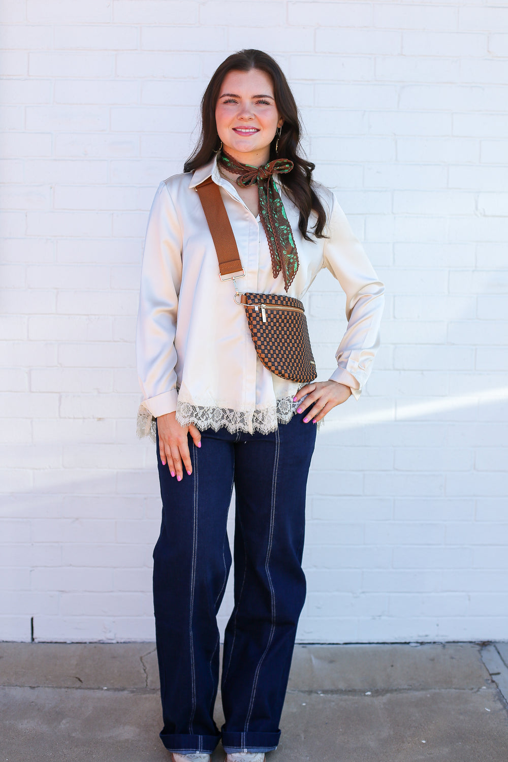 Ivory Lacey Satin Button Down Blouse