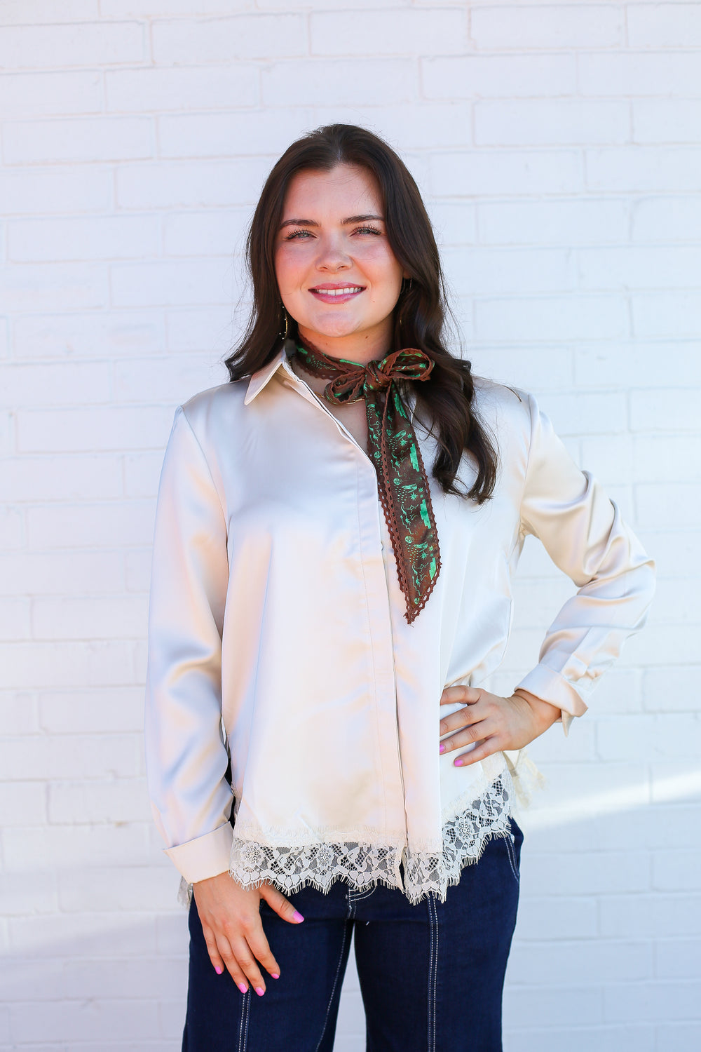 Ivory Lacey Satin Button Down Blouse