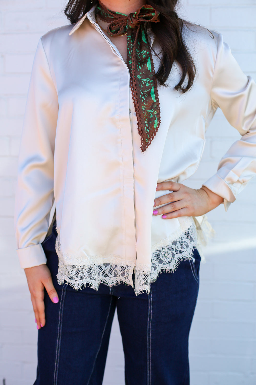 Ivory Lacey Satin Button Down Blouse