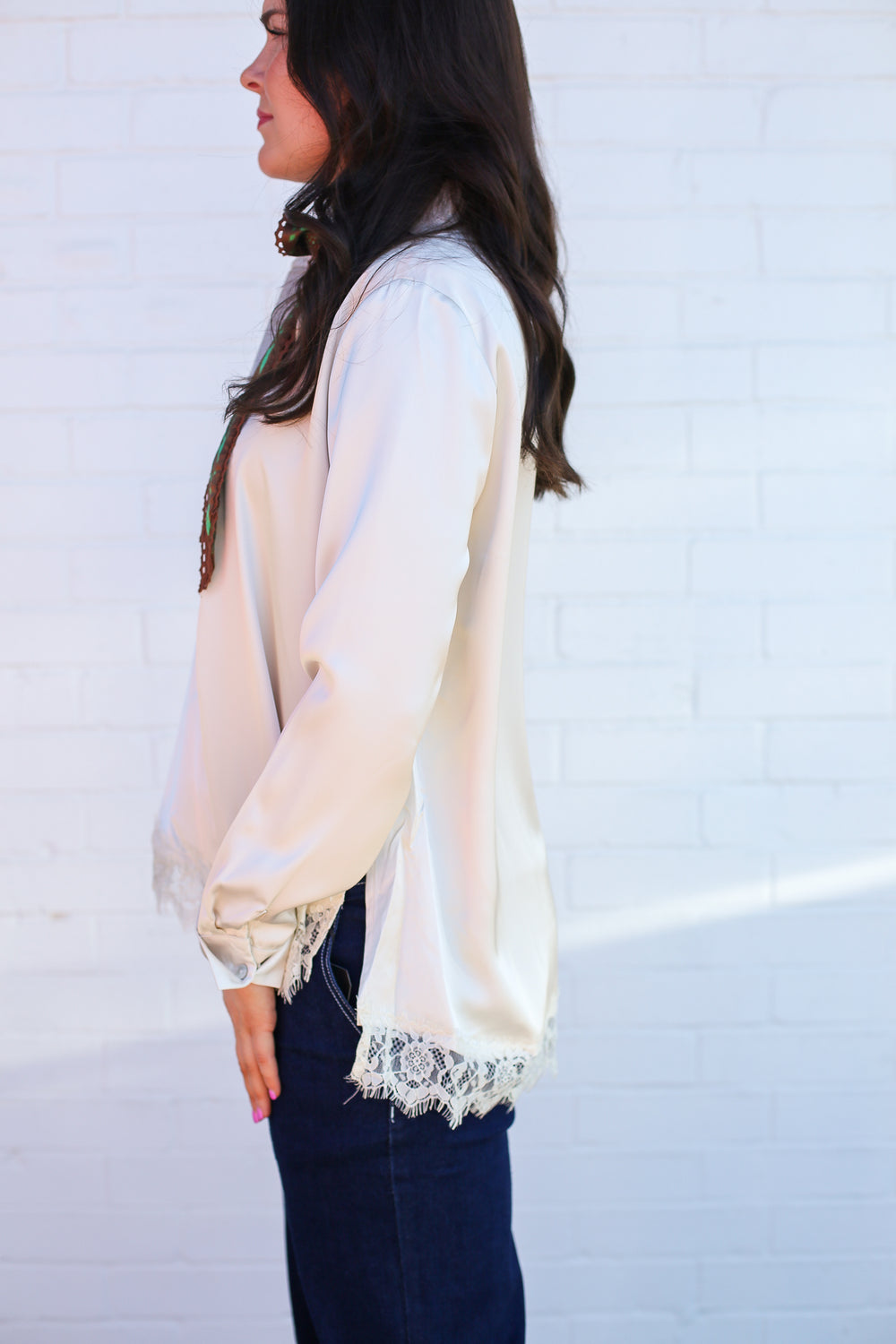 Ivory Lacey Satin Button Down Blouse