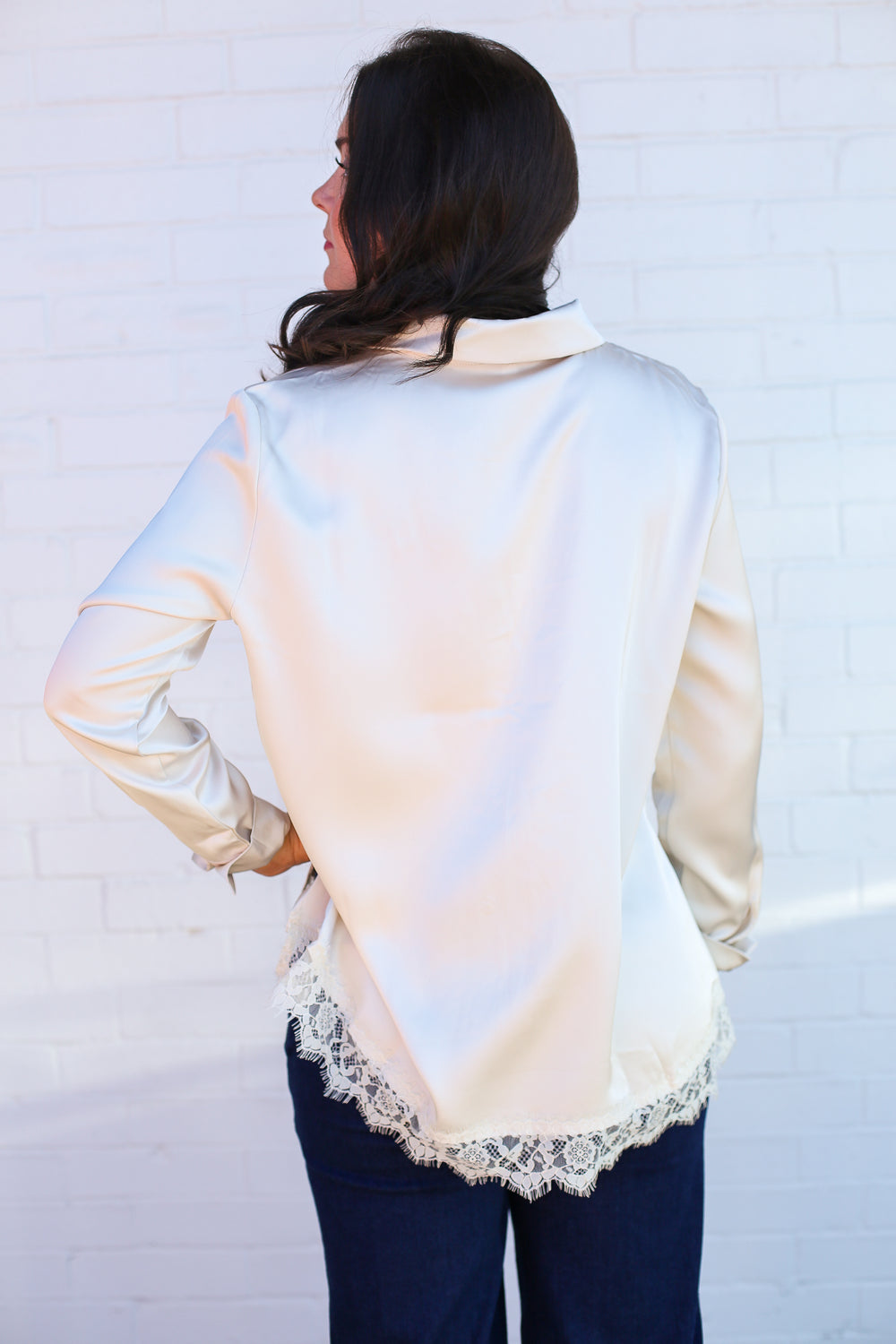 Ivory Lacey Satin Button Down Blouse