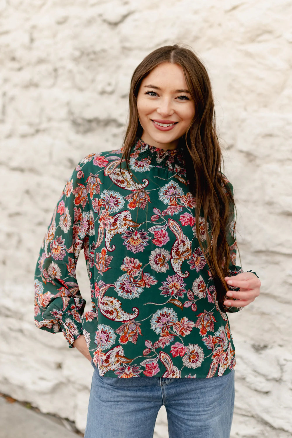 Green Paisley Ruffle Neck Blouse