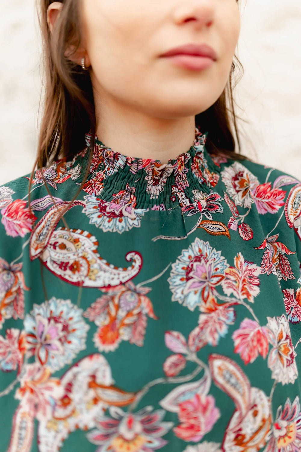 Green Paisley Ruffle Neck Blouse