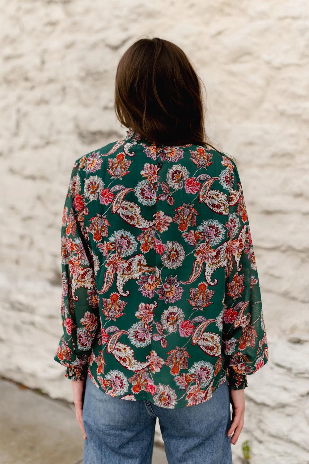 Green Paisley Ruffle Neck Blouse