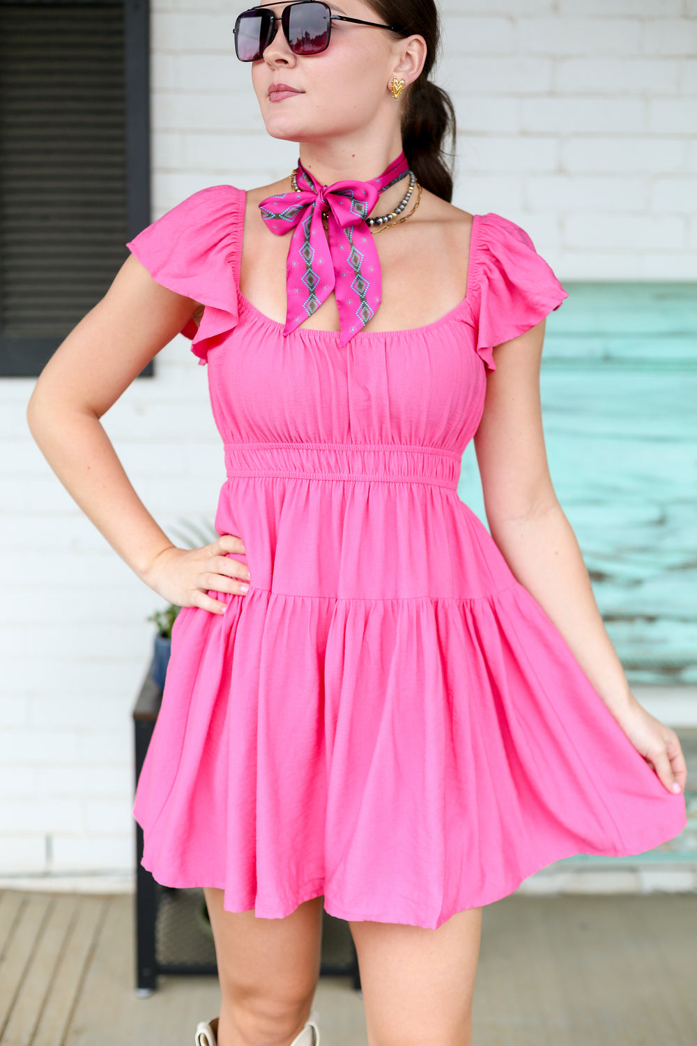 Jill's Hot Pink Shirred Flounce Sleeve Mini Dress