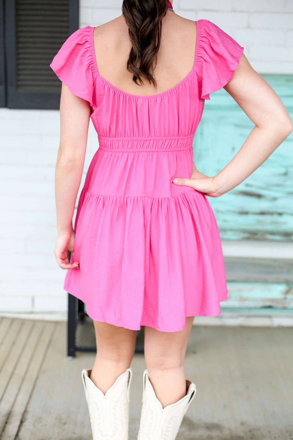 Jill's Hot Pink Shirred Flounce Sleeve Mini Dress