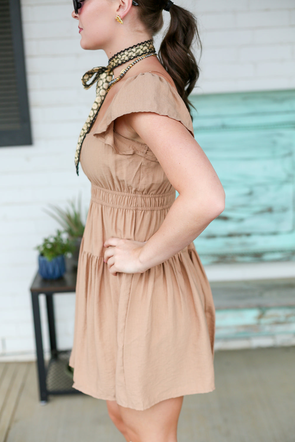 Jill's Tan Shirred Flounce Sleeve Mini Dress