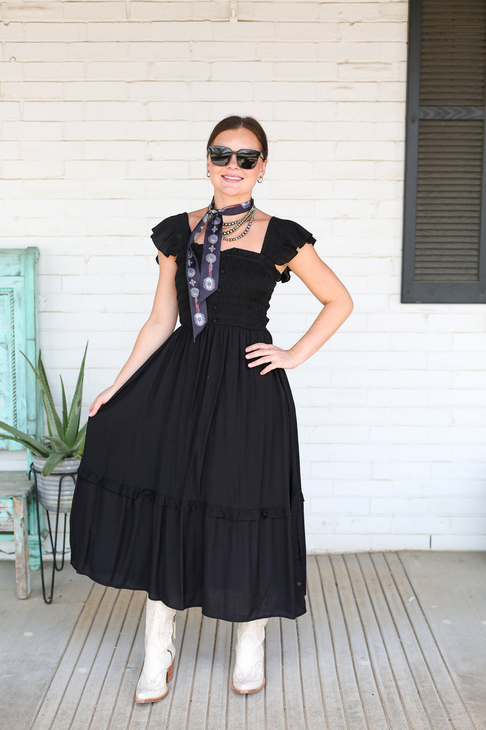 Karlee Black Button Down Ruffle Midi Dress