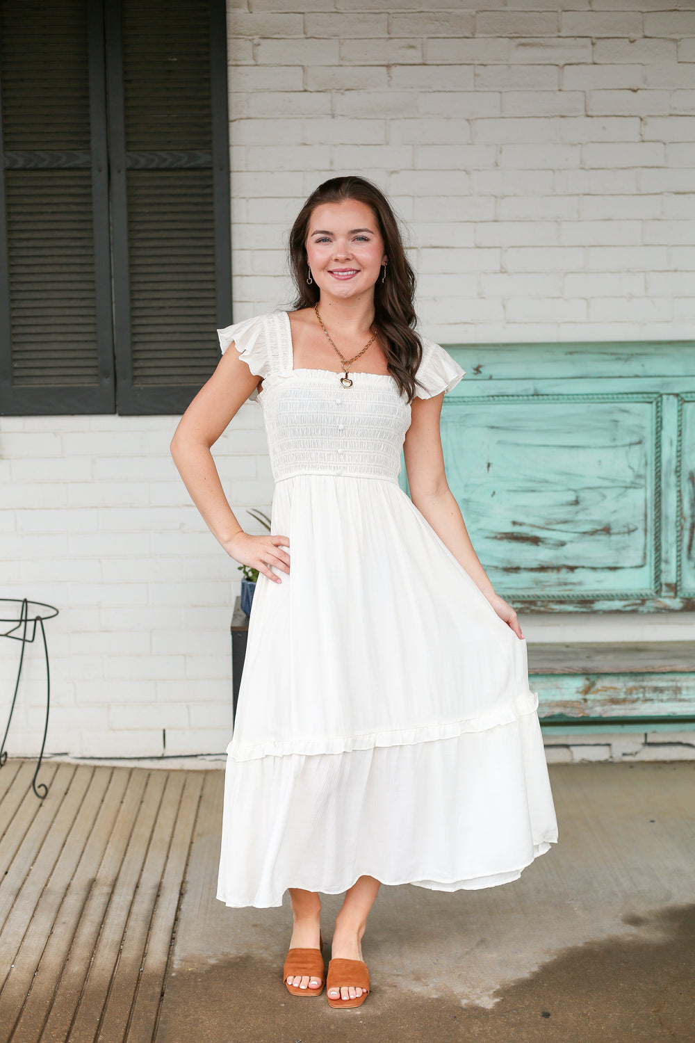 Karlee Natural Button Down Ruffle Midi Dress