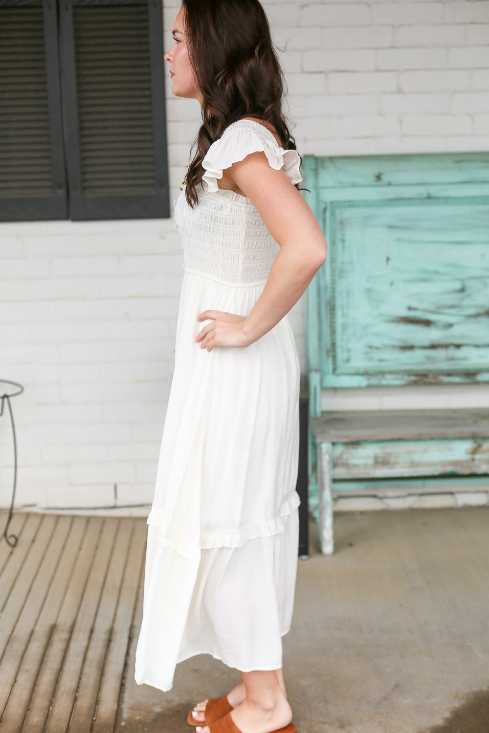 Karlee Natural Button Down Ruffle Midi Dress