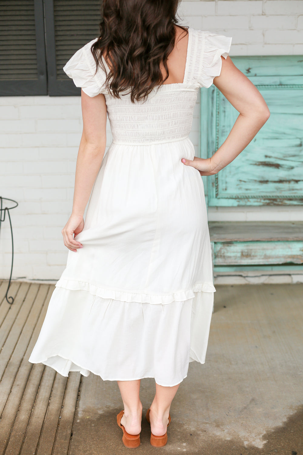 Karlee Natural Button Down Ruffle Midi Dress