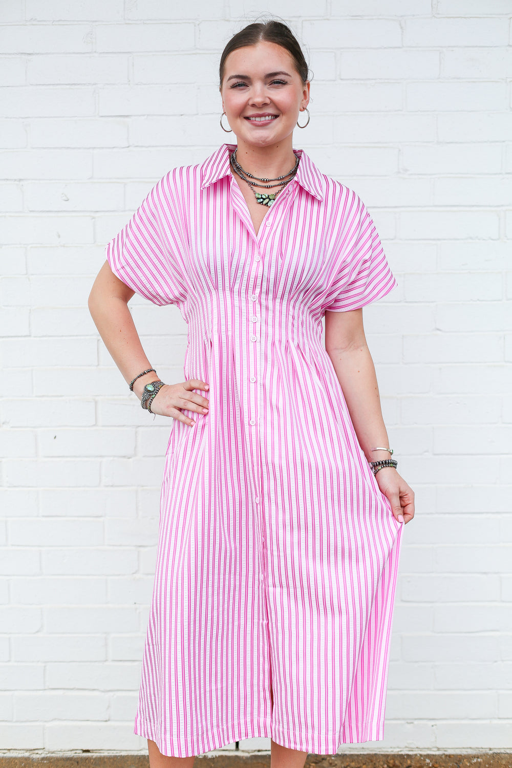 Kaylie Pink Pinstripe Button Down Dress