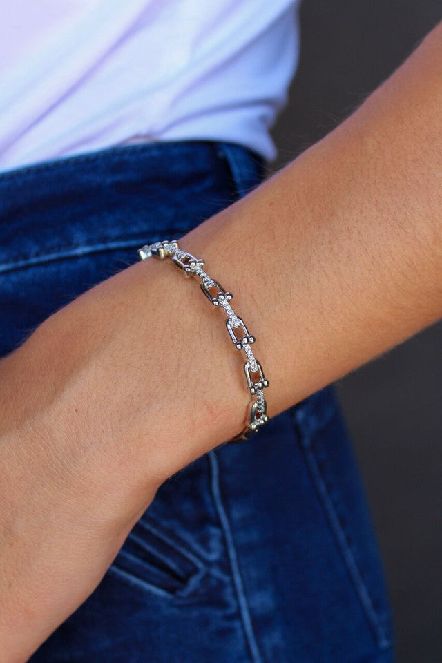 18K White Gold Plated Link & Stud Bangle Bracelet