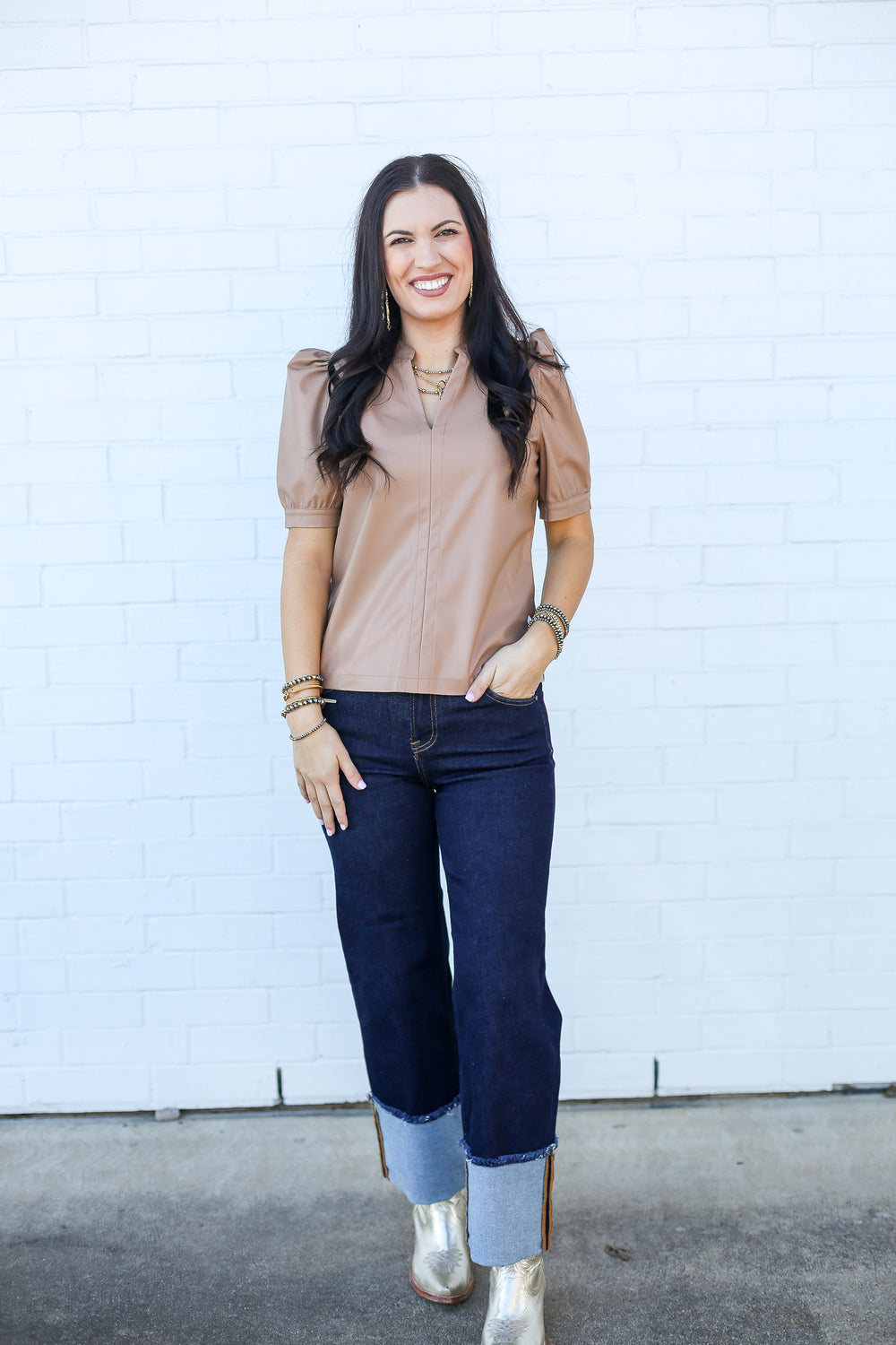 Latte Pleather Puff Blouse