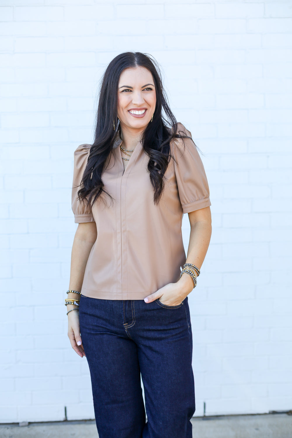 Latte Pleather Puff Blouse