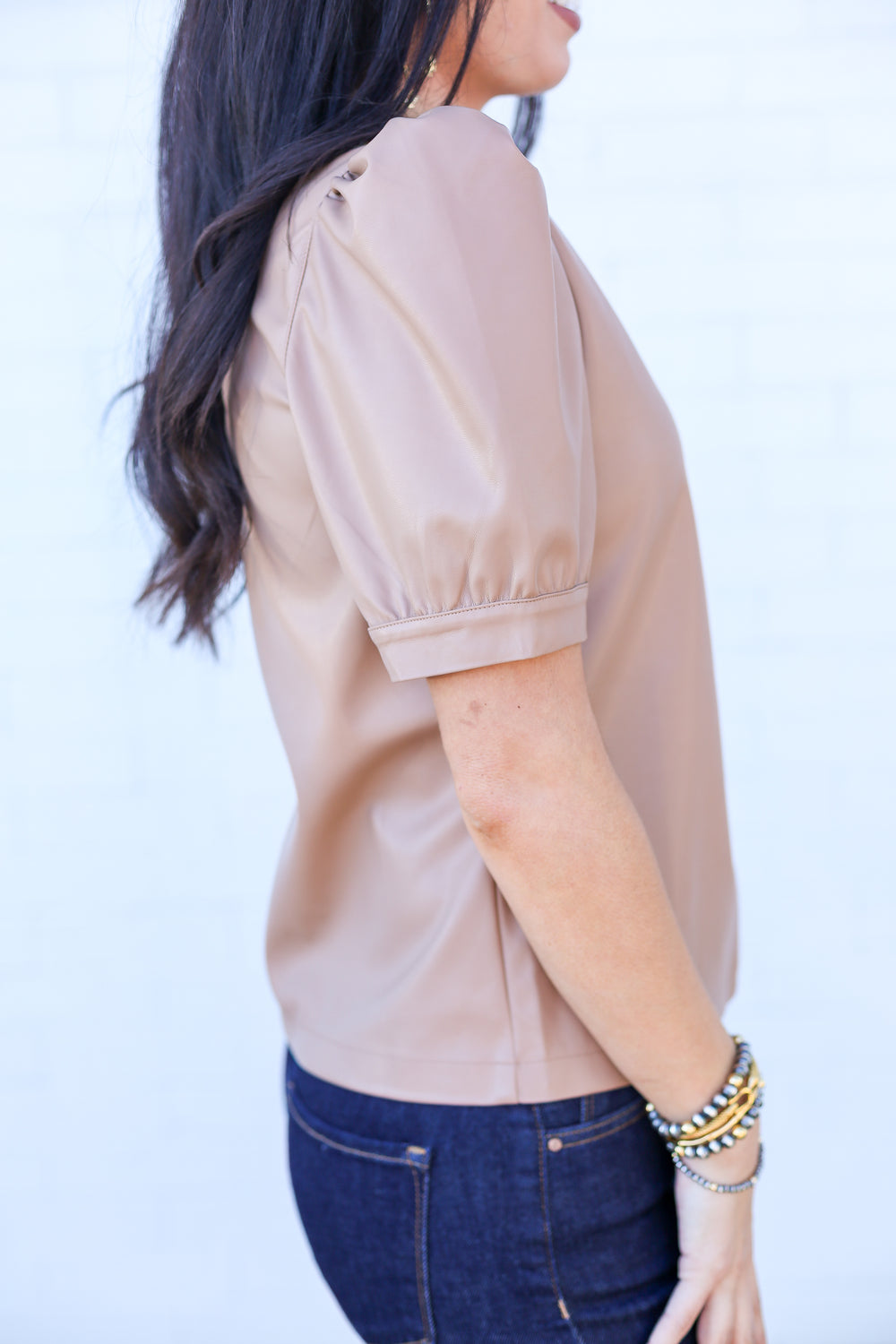 Latte Pleather Puff Blouse