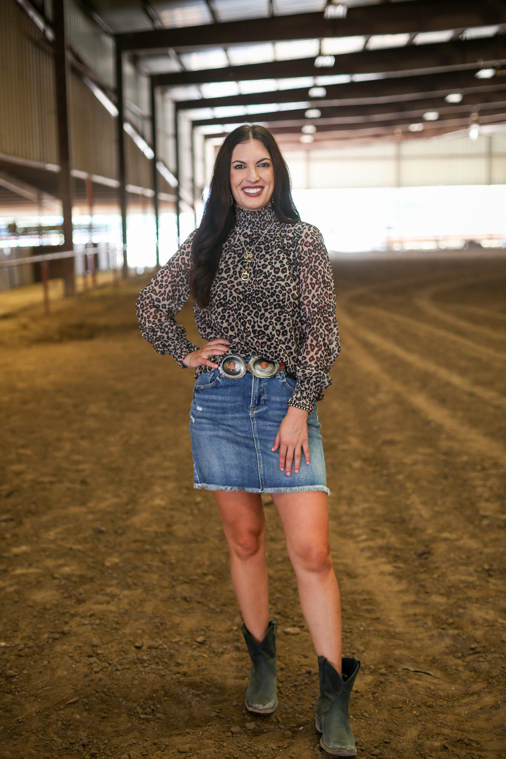 Leopard Chiffon Smocked Neck Blouse
