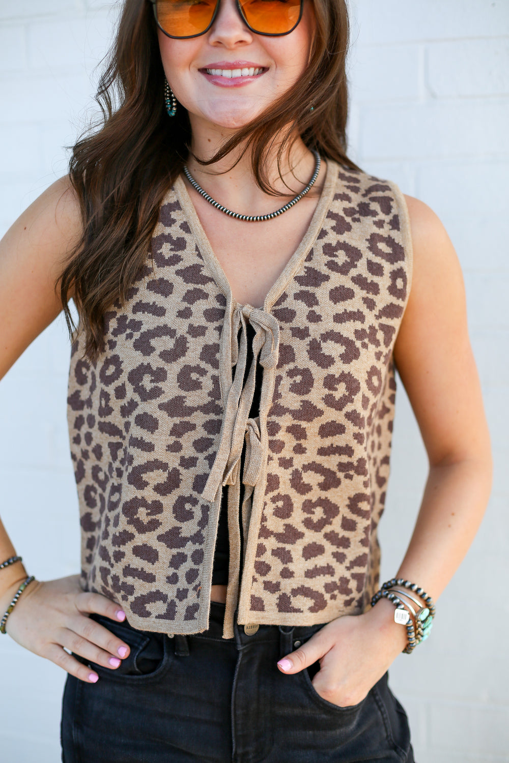 Leopard V-Neck Front Tie Vest