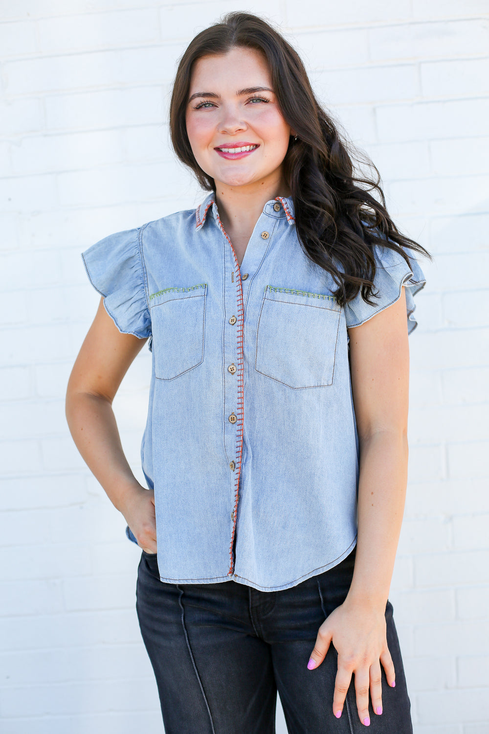 Light Washed Denim Whipstitch Blouse