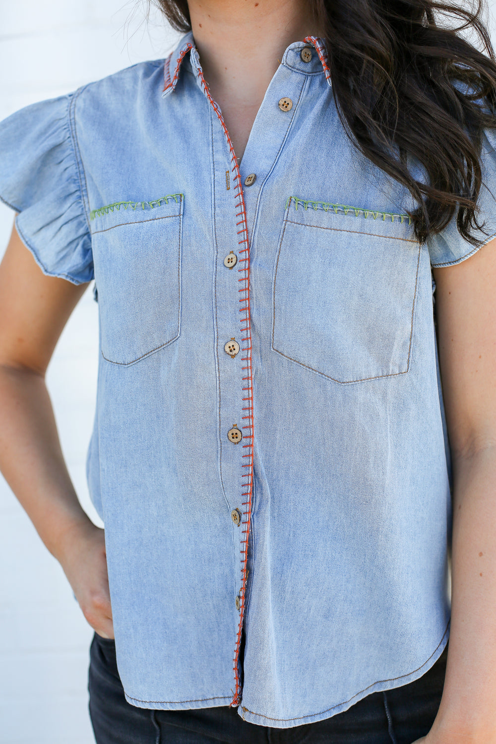 Light Washed Denim Whipstitch Blouse