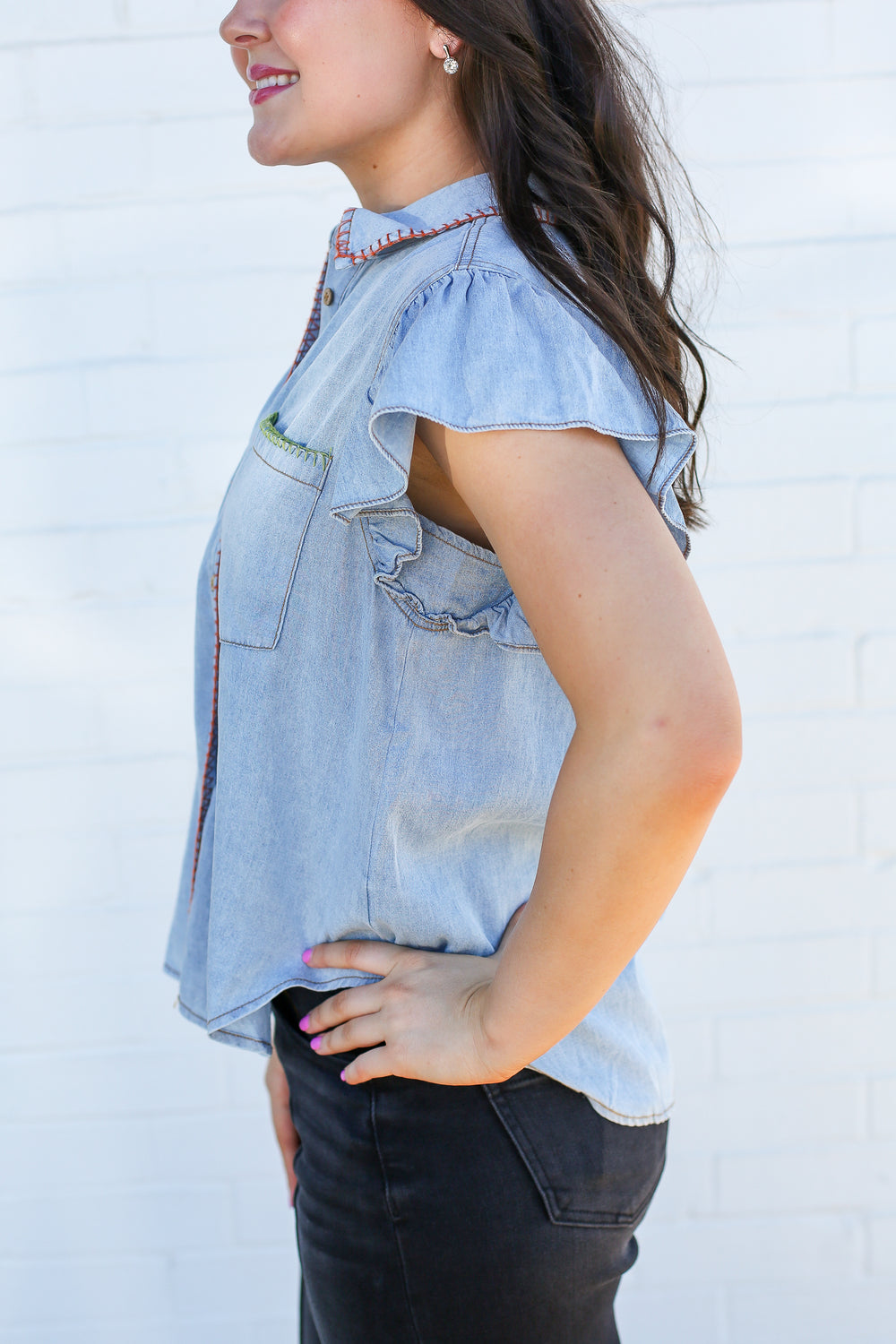Light Washed Denim Whipstitch Blouse
