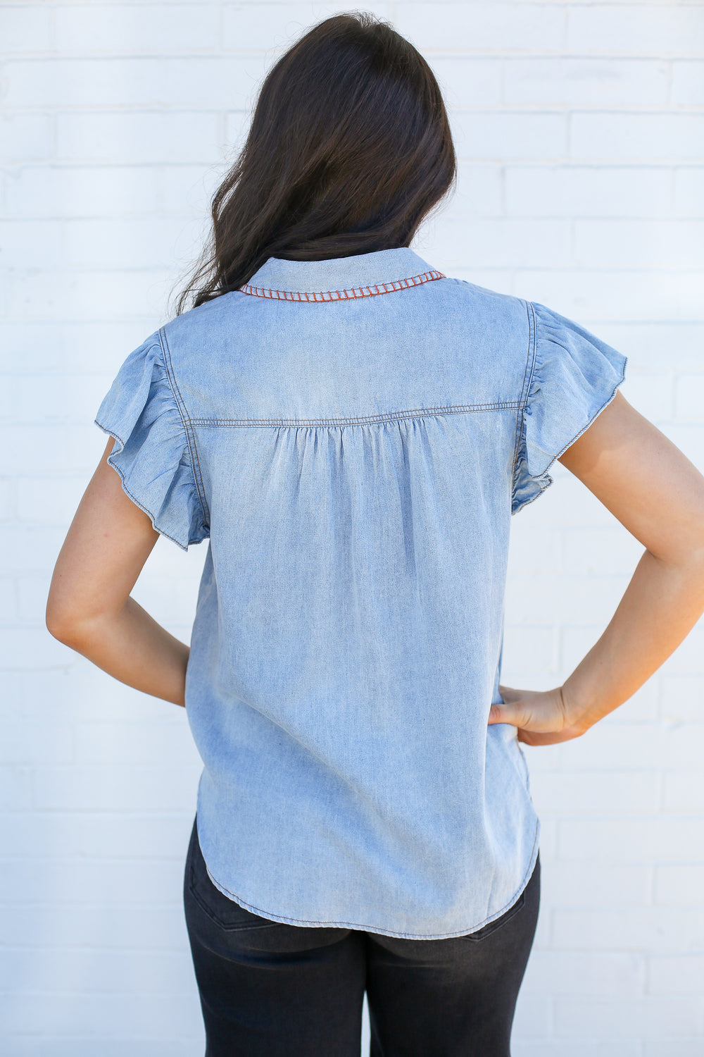 Light Washed Denim Whipstitch Blouse