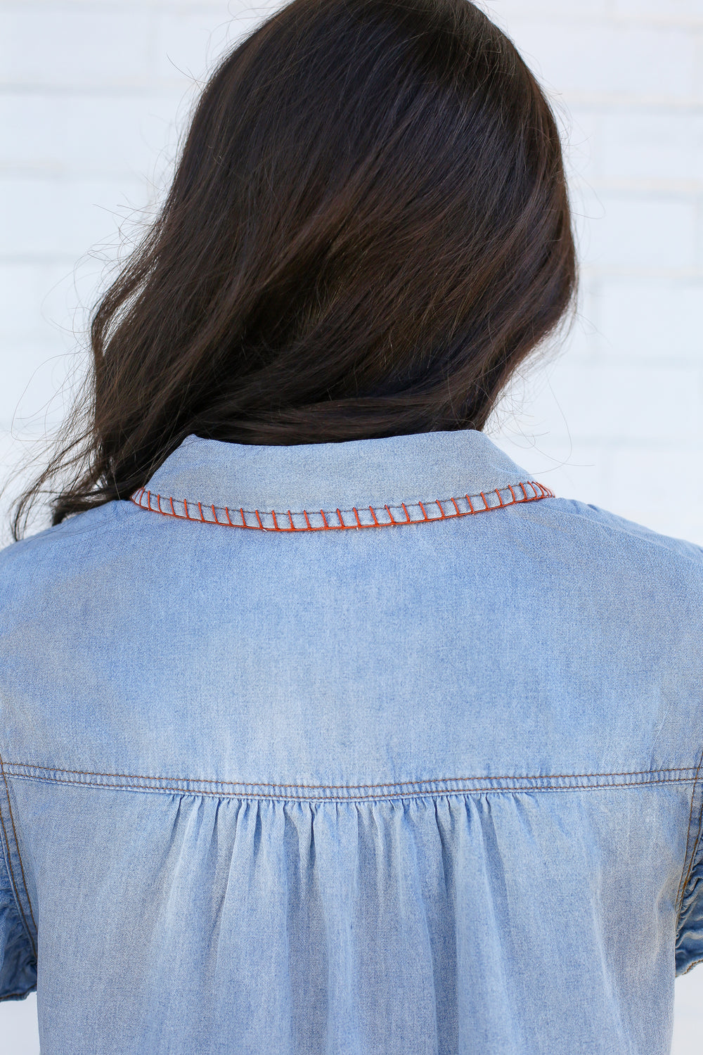 Light Washed Denim Whipstitch Blouse