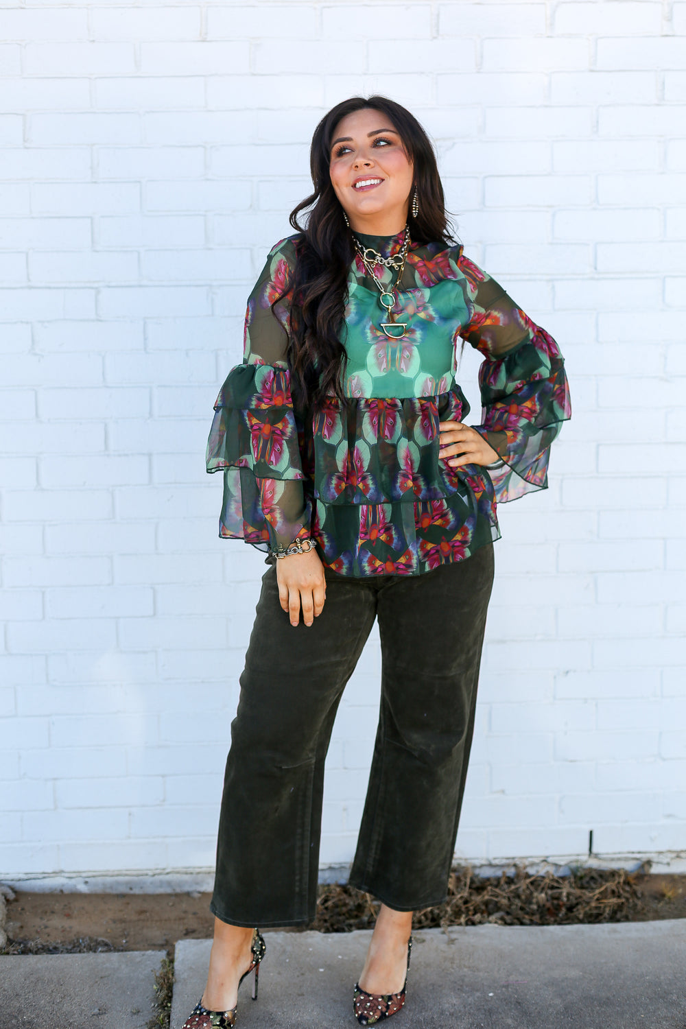 Lillian Green Ruffle Sheer Top