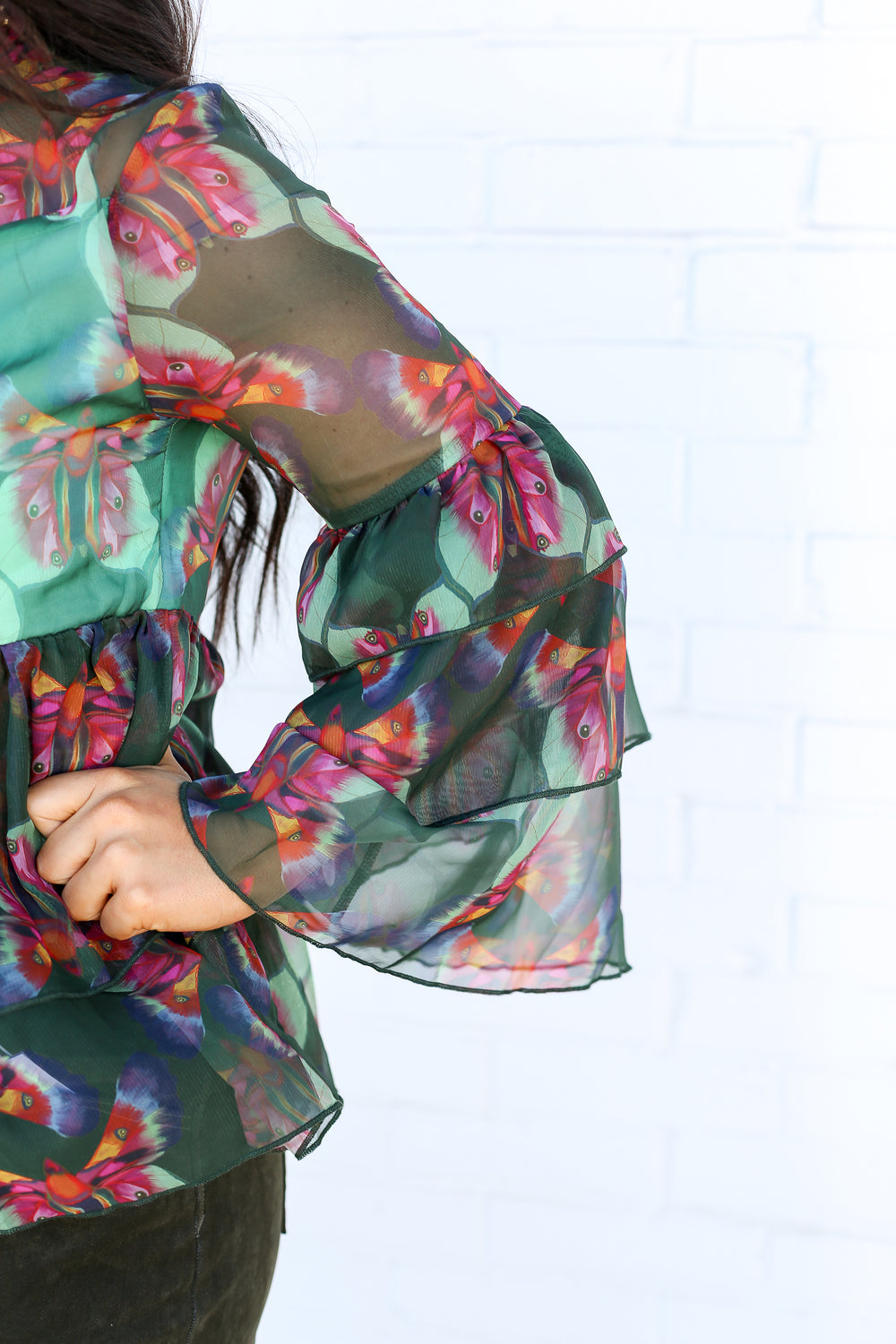 Lillian Green Ruffle Sheer Top