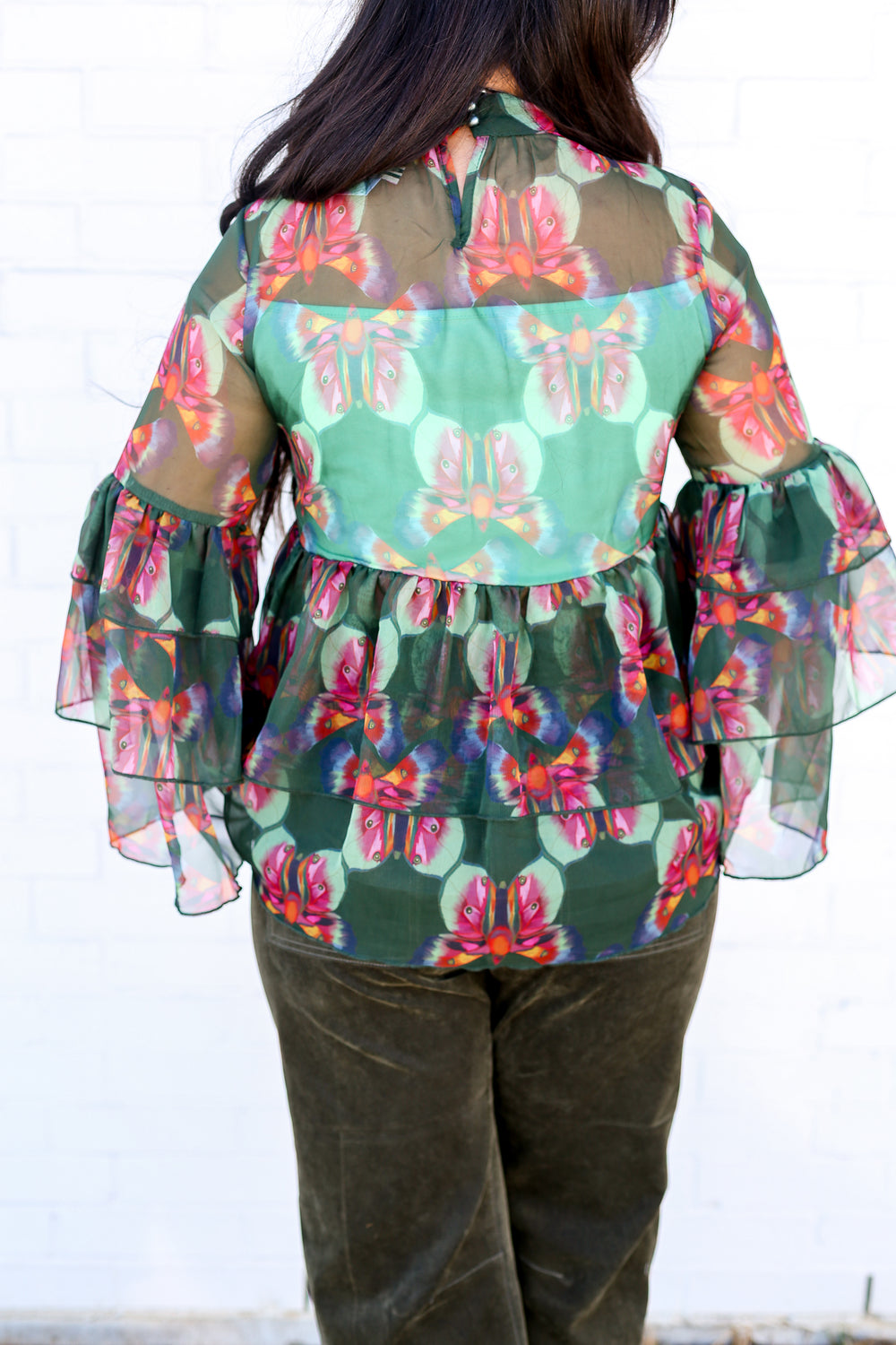 Lillian Green Ruffle Sheer Top