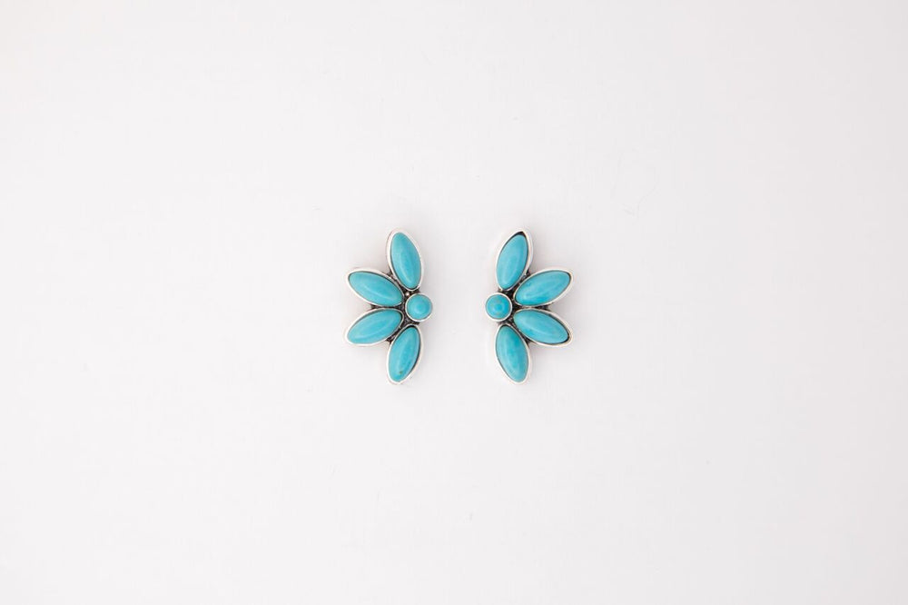 1"" Dainty Burnished Silver Half Flower Turquoise Post Earring