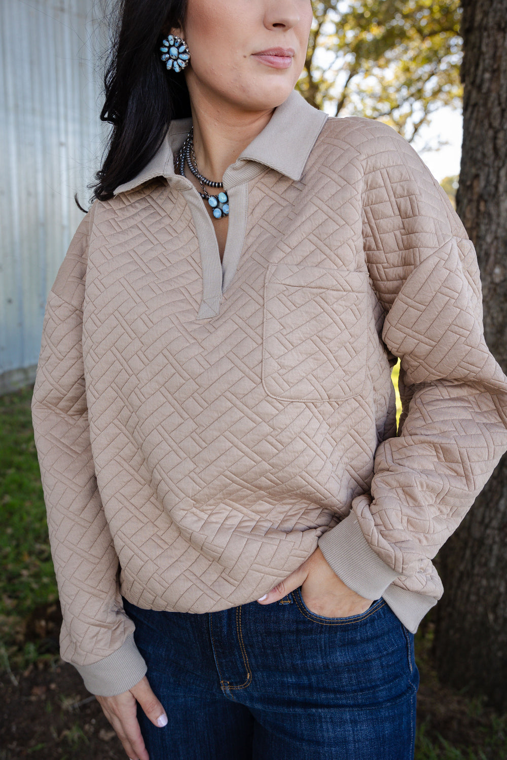 Mocha V Neck Quilted Pullover