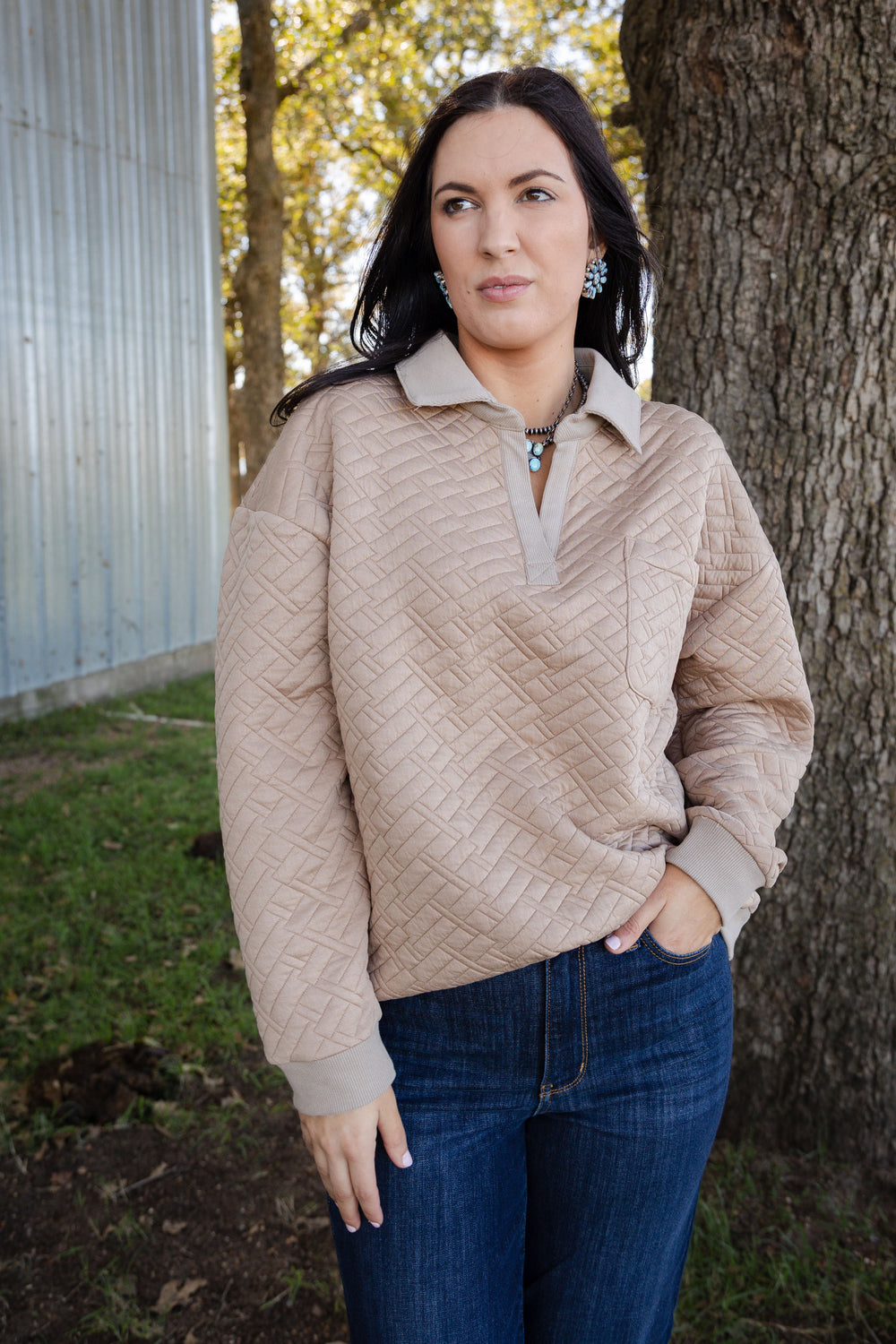 Mocha V Neck Quilted Pullover