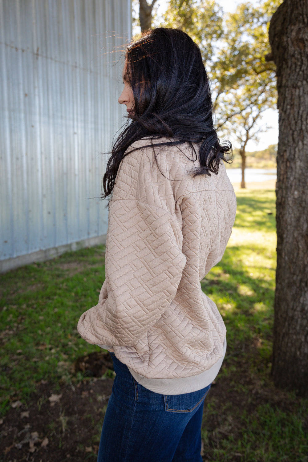 Mocha V Neck Quilted Pullover