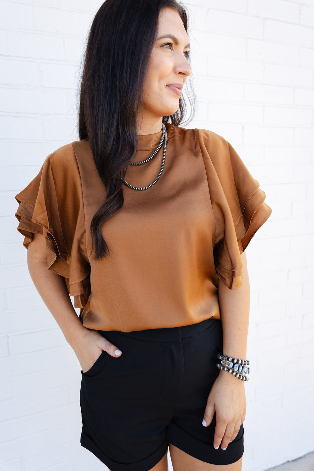 Mock Neck Ruffle Sleeve Top